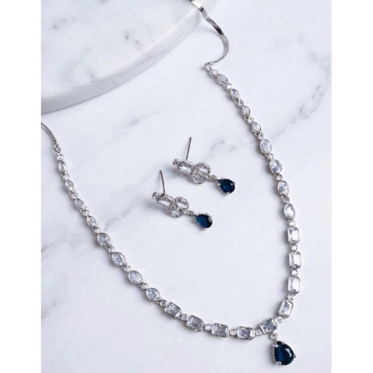 Women'S Brass Silver Plated Necklace Set (Blue)