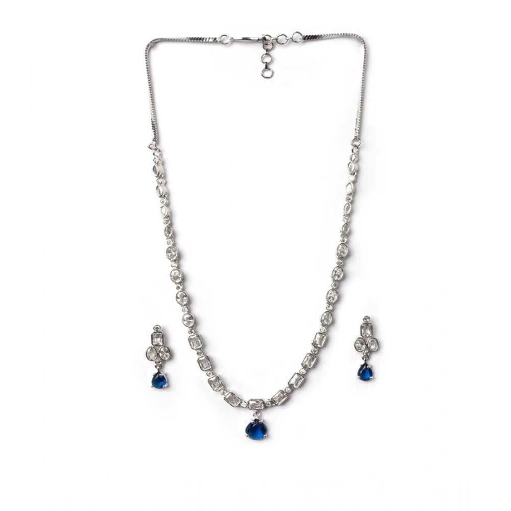 Women'S Brass Silver Plated Necklace Set (Blue)