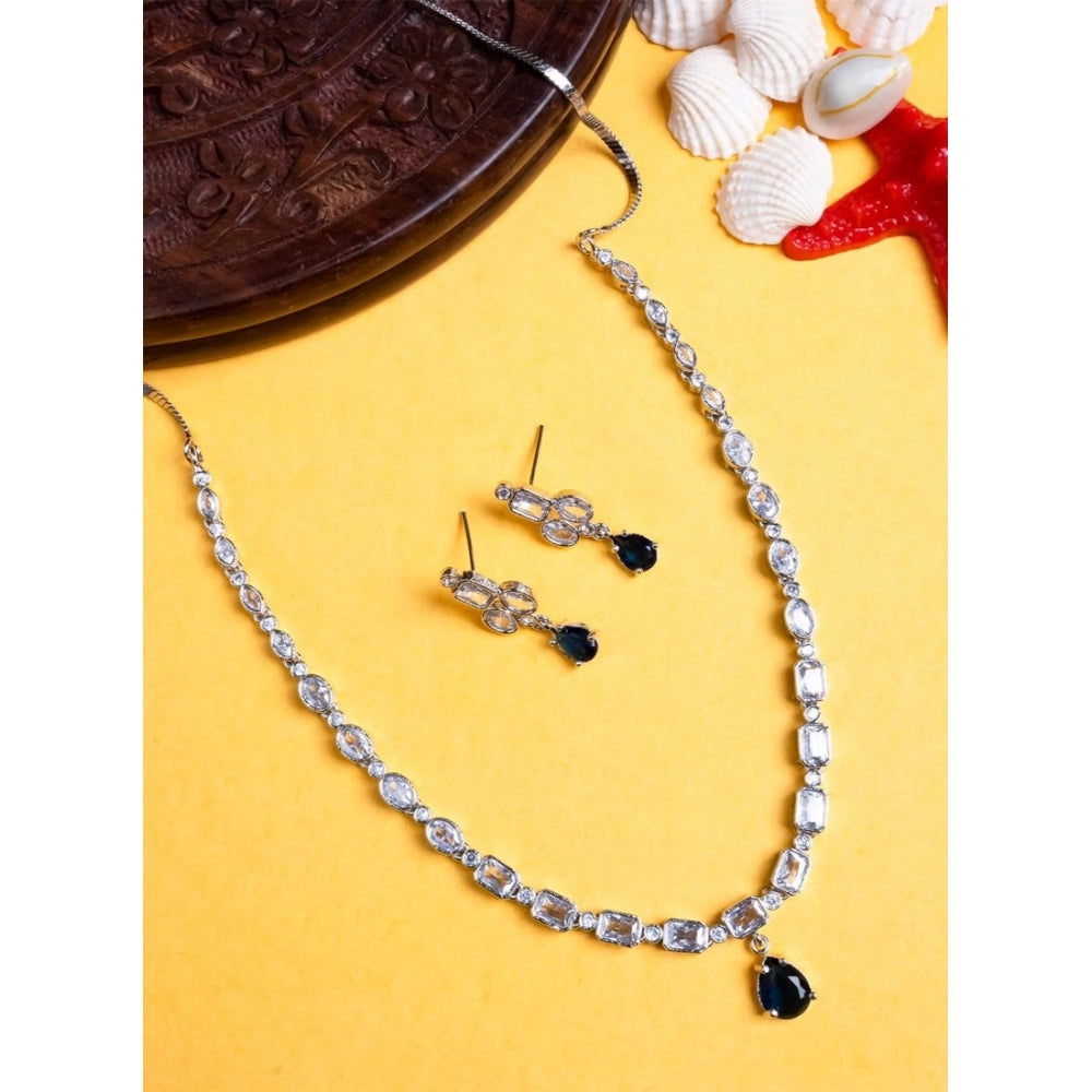 Women'S Brass Silver Plated Necklace Set (Blue)