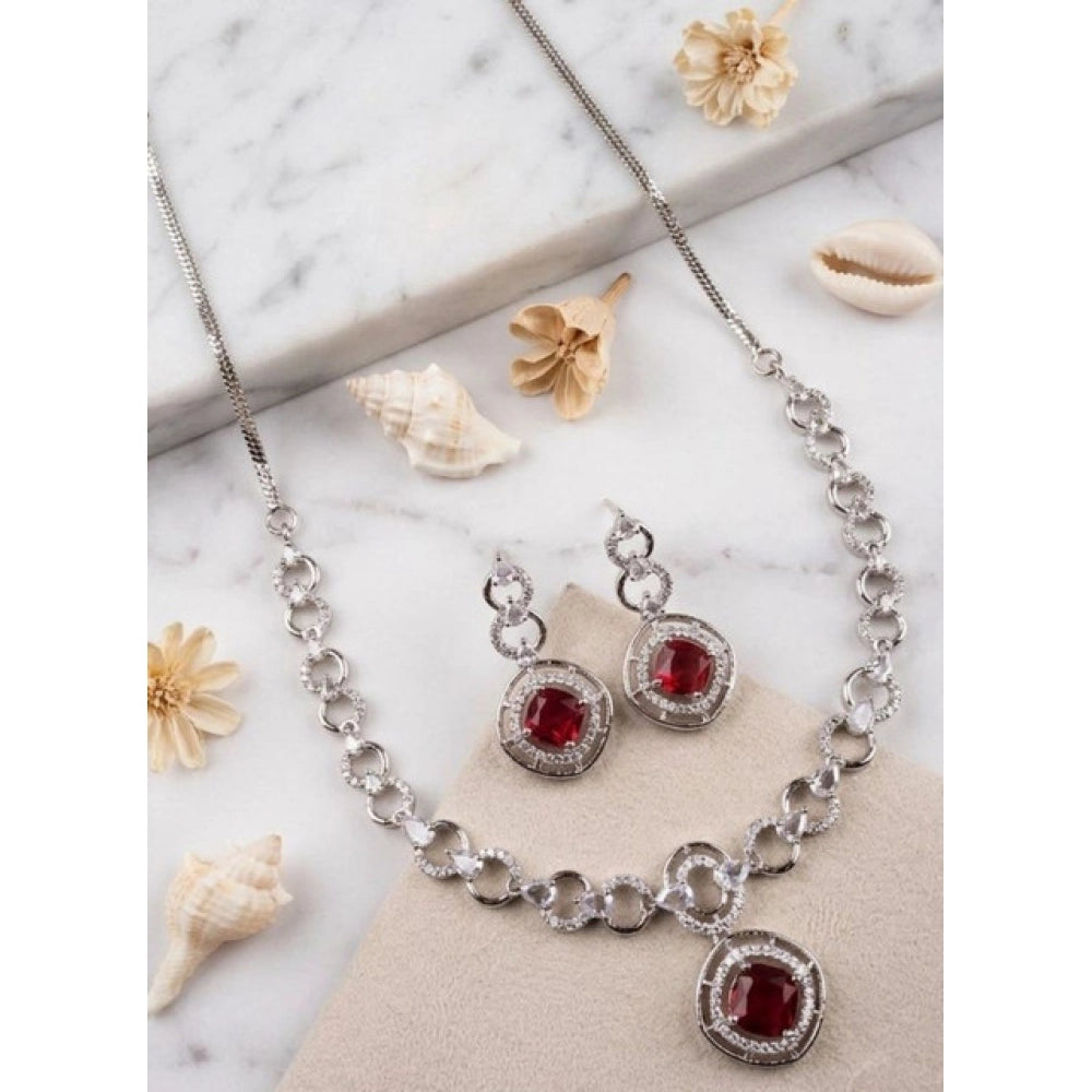 Women'S Brass Silver Plated Necklace Set (Red)