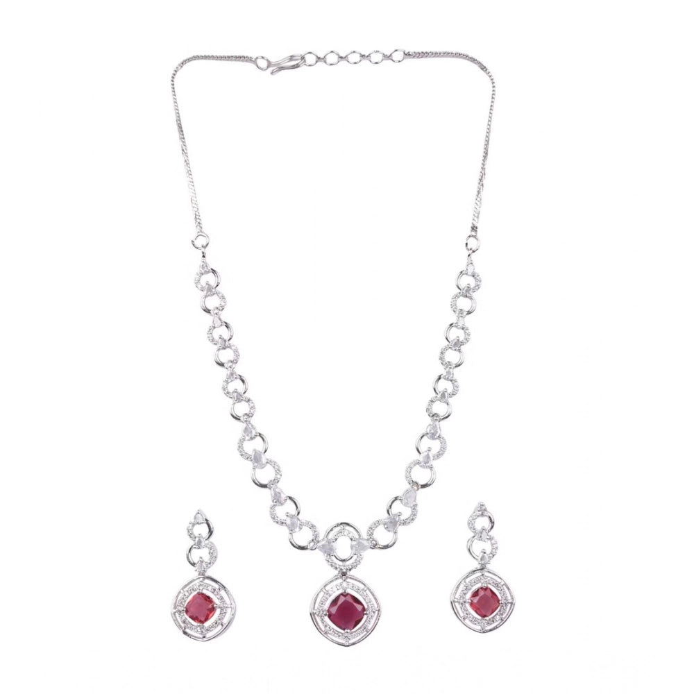 Women'S Brass Silver Plated Necklace Set (Red)