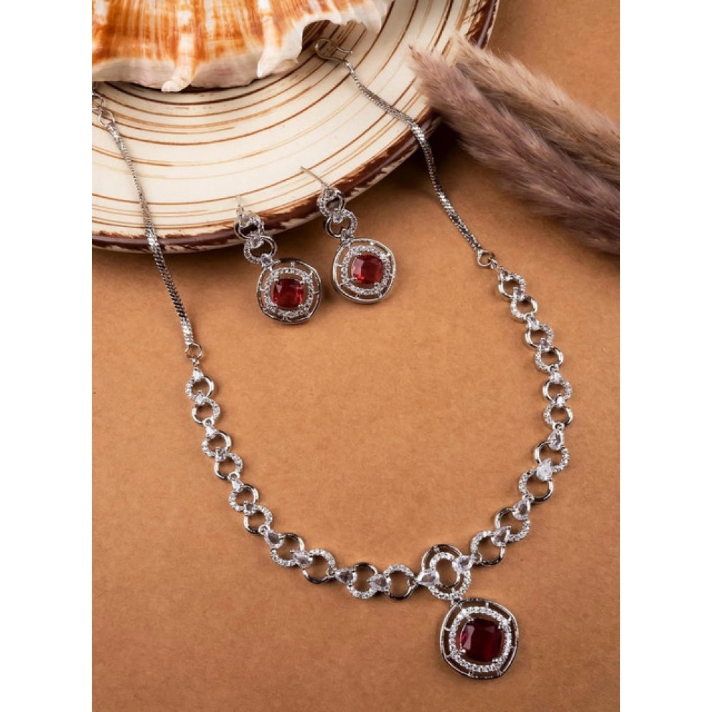 Women'S Brass Silver Plated Necklace Set (Red)