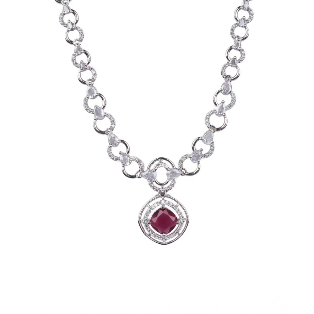 Women'S Brass Silver Plated Necklace Set (Red)