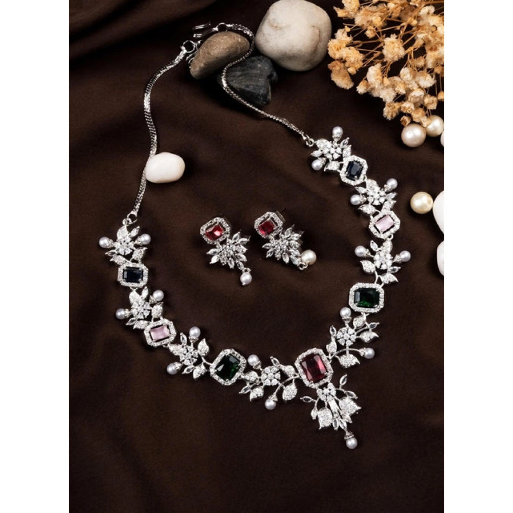 Women'S Brass Silver Plated Necklace Set (Multicolor)