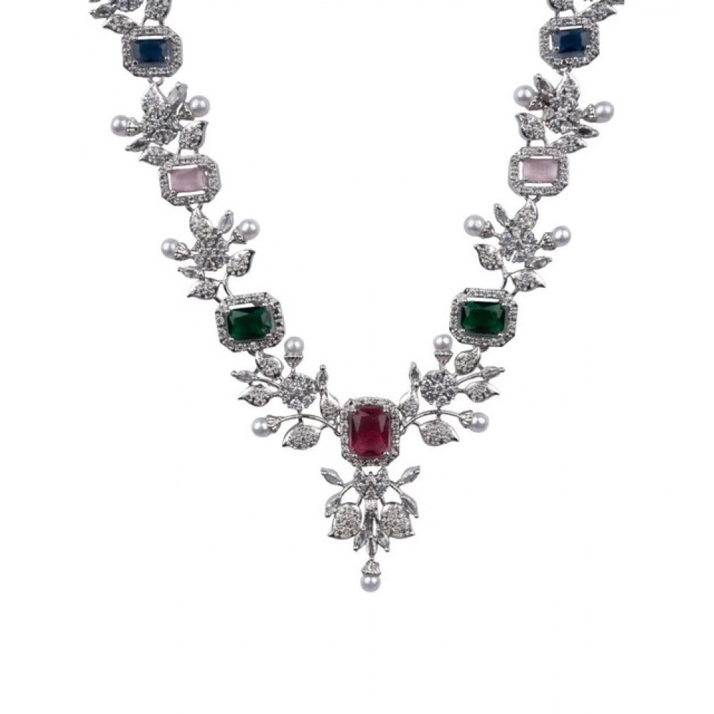 Women'S Brass Silver Plated Necklace Set (Multicolor)