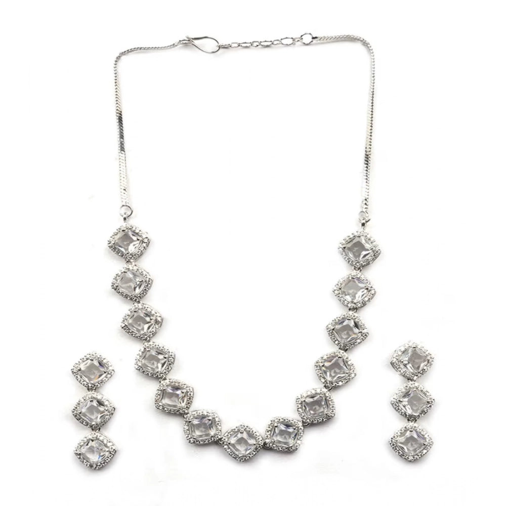 Women'S Brass Silver Plated Necklace Set (White)