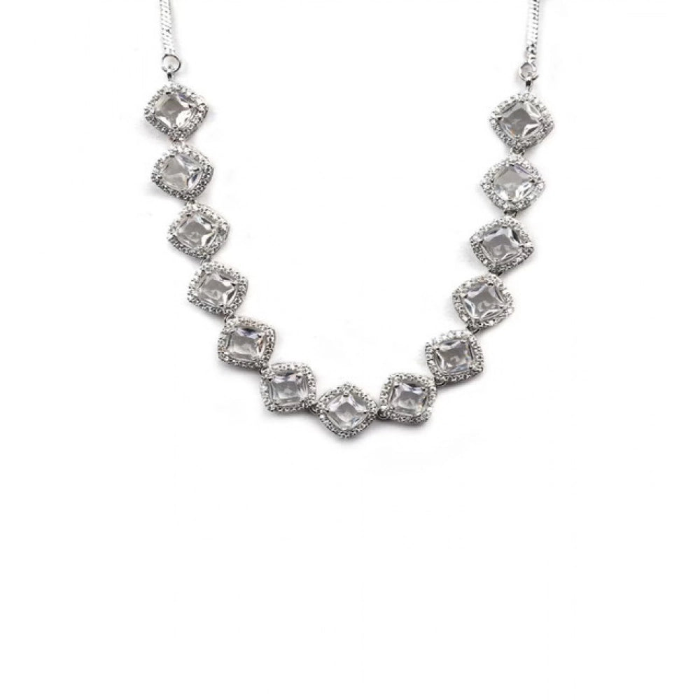 Women'S Brass Silver Plated Necklace Set (White)