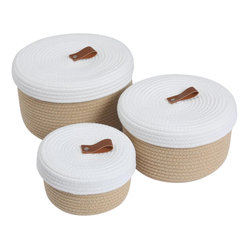 Cotton 3 Pcs Set Roti Box Storage Basket With Lid (Beige-White