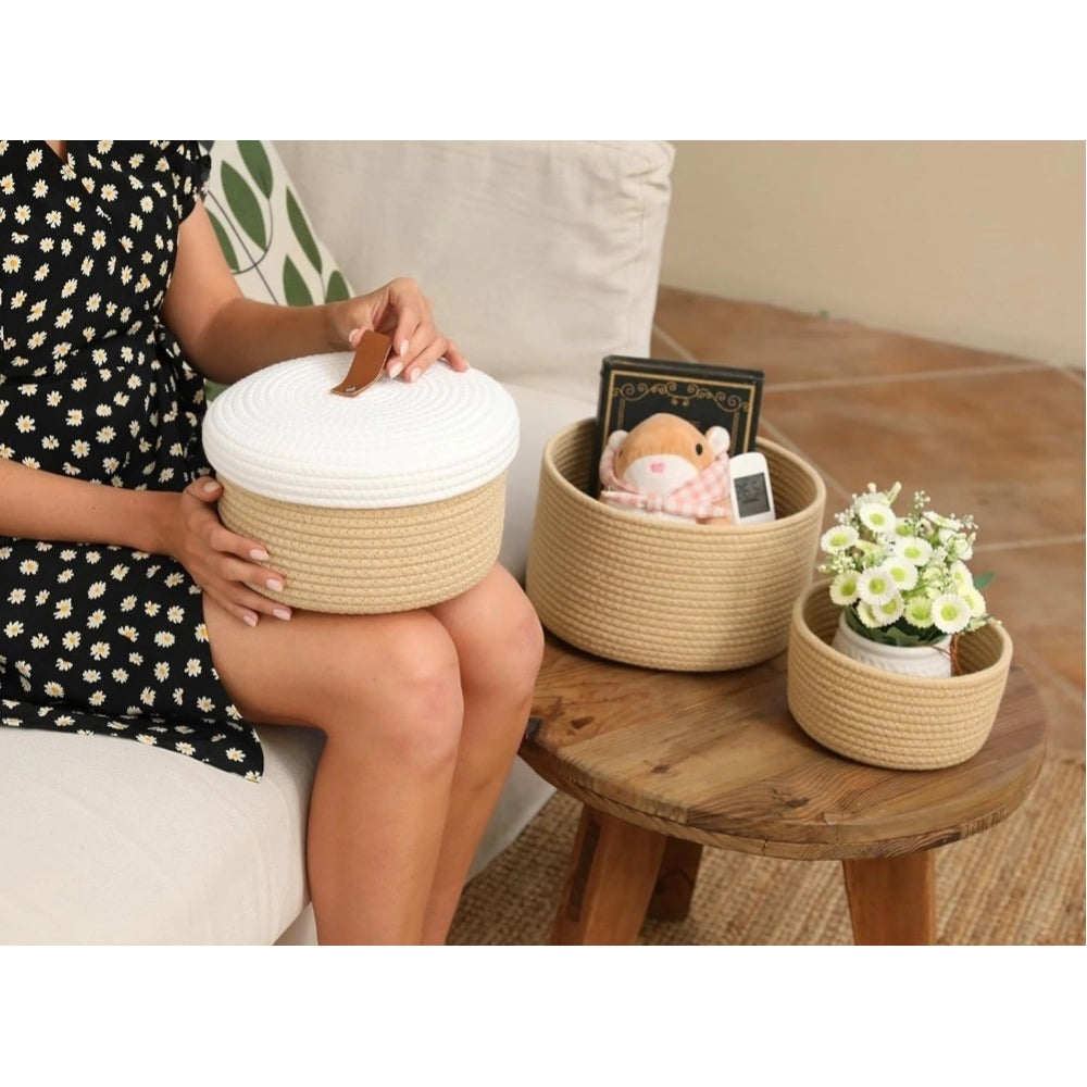 Cotton 3 Pcs Set Roti Box Storage Basket With Lid (Beige-White