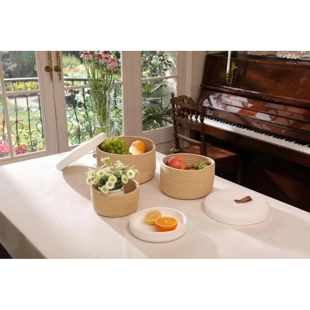 Cotton 3 Pcs Set Roti Box Storage Basket With Lid (Beige-White