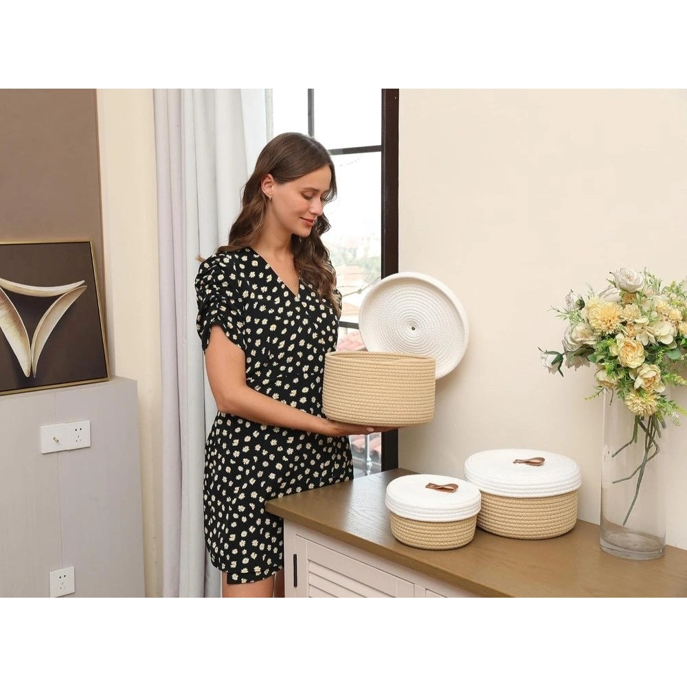 Cotton 3 Pcs Set Roti Box Storage Basket With Lid (Beige-White