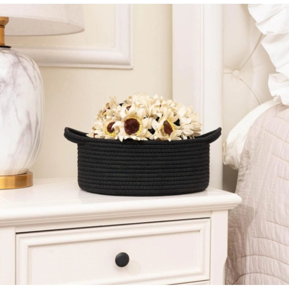 Cotton 8X3 Inch Round Bedside Organizer With Out Lid (Black)