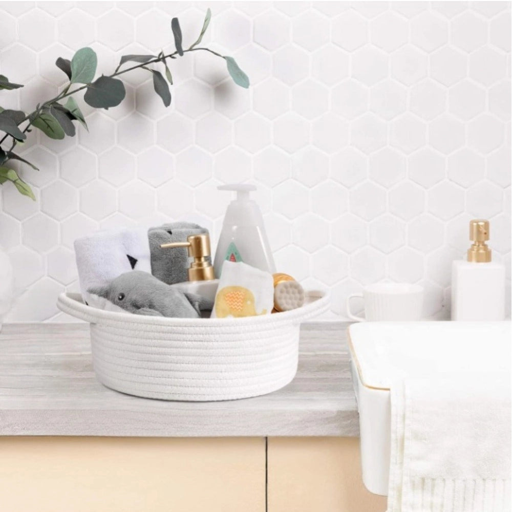 Cotton 8X3 Inch Round Bedside Organizer With Out Lid (White)