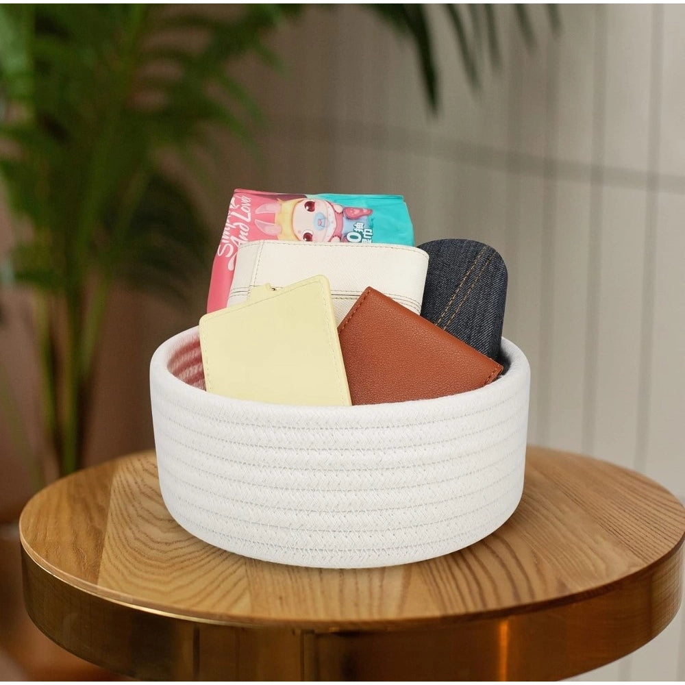 Cotton 8X3 Inch Round 1 Pcs Bedside Organizer With Out Lid (Wh
