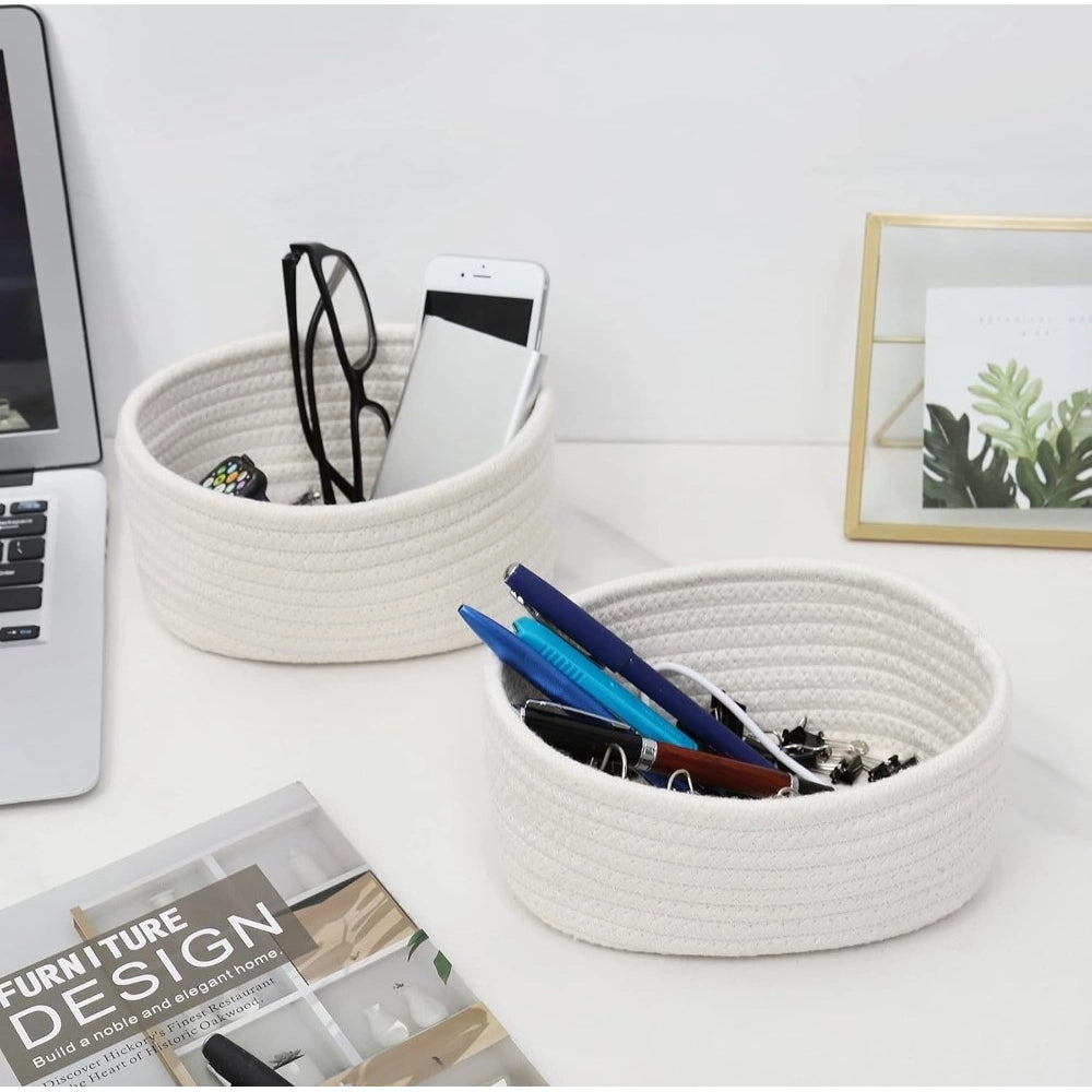 Cotton 8X3 Inch Round 2 Set Bedside Organizer With Out Lid (Wh