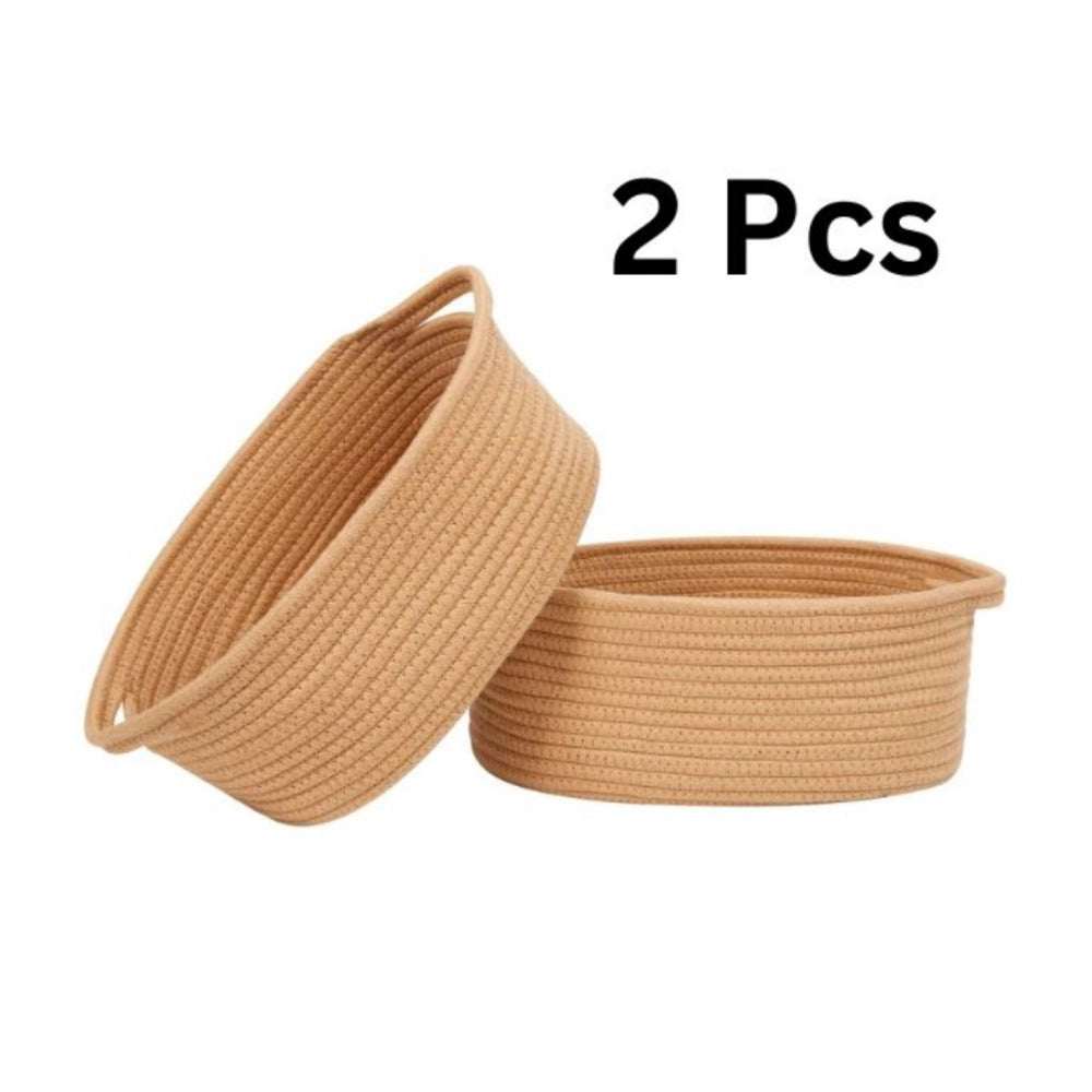 Cotton 2 Pcs 10X7X4 Inch Oval Storage Basket For Clothes (Beig