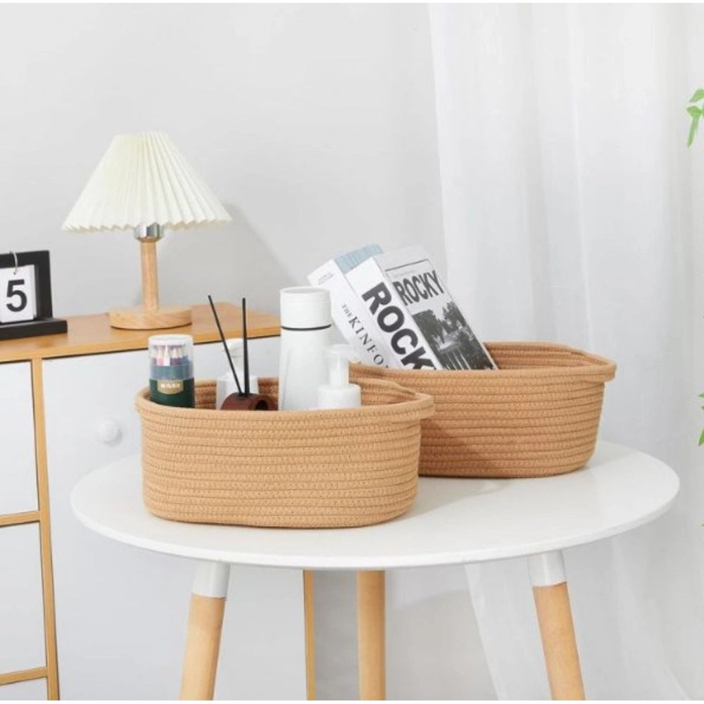 Cotton 2 Pcs 10X7X4 Inch Oval Storage Basket For Clothes (Beig