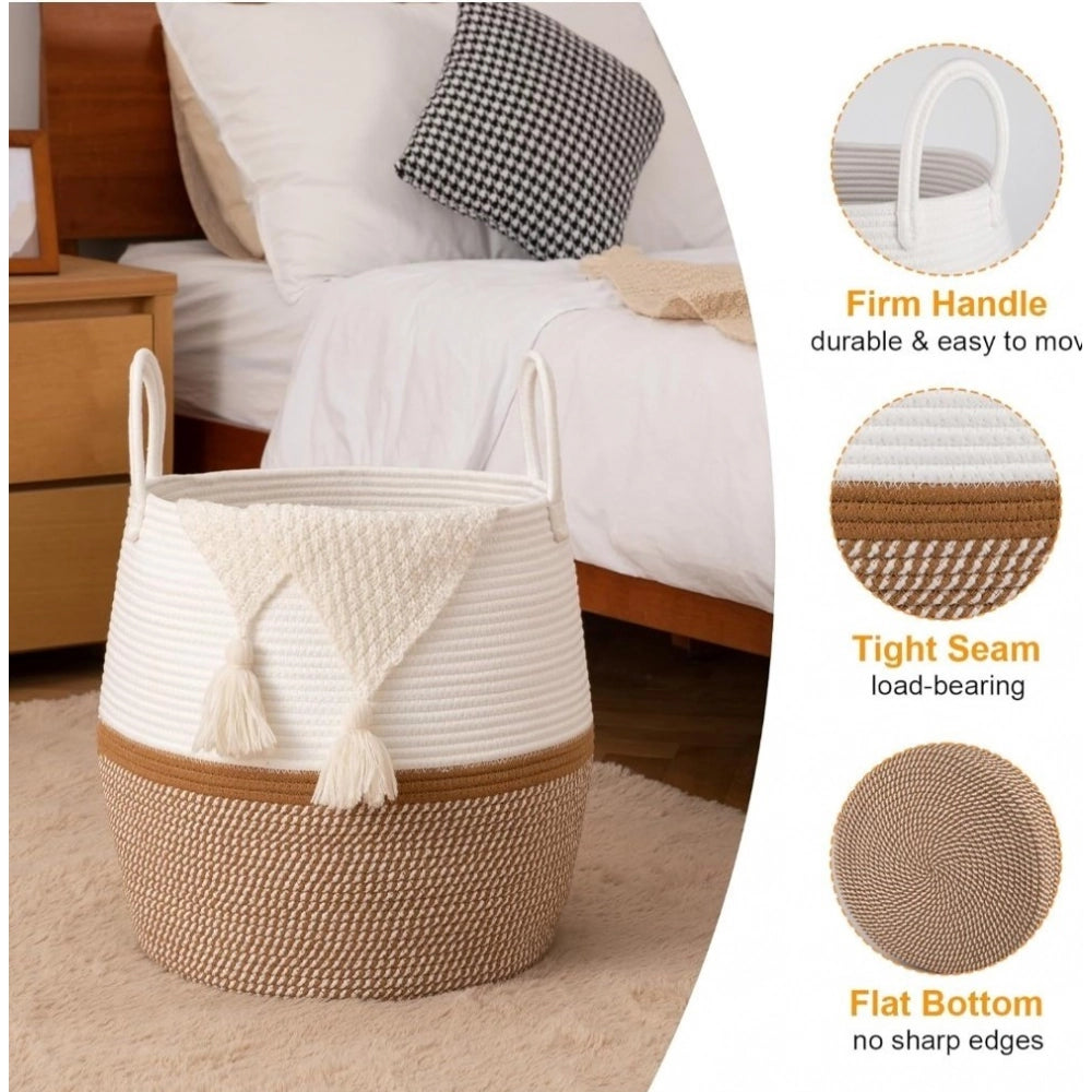 Cotton Matka With Handle 14X12 Inch Storage Basket For Clothes