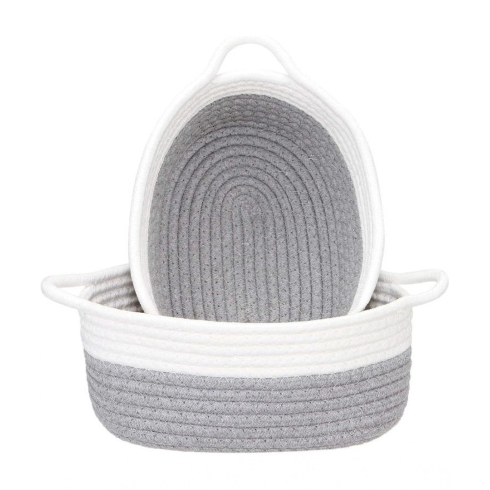Cotton Grey White 2 Pcs Storage Basket For Clothes (Grey-White