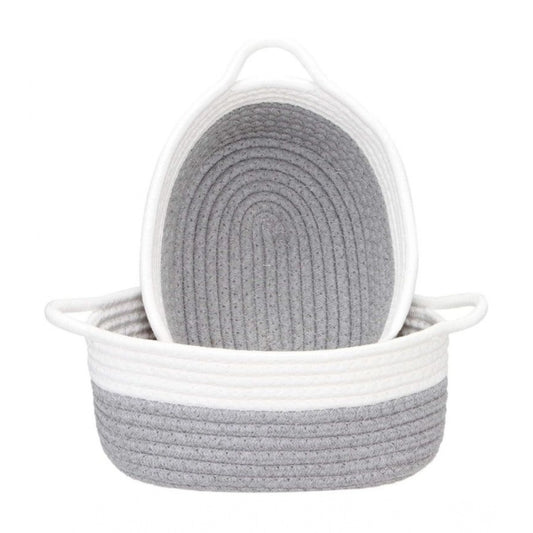 Cotton Grey White 2 Pcs Storage Basket For Clothes (Grey-White