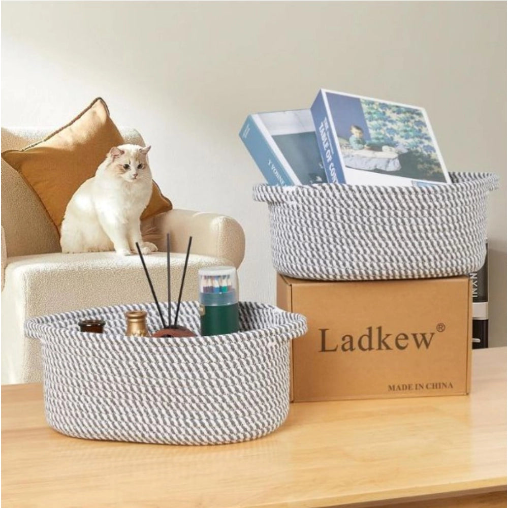 Cotton 10X7X4 Inch 2 Pcs Oval Storage Basket For Clothes (Grey