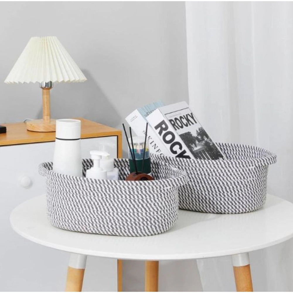 Cotton 10X7X4 Inch 2 Pcs Oval Storage Basket For Clothes (Grey