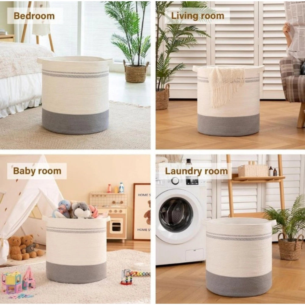 Cotton Pack of_1 12x14 Inch Storage Basket For Clothes (Grey-White)