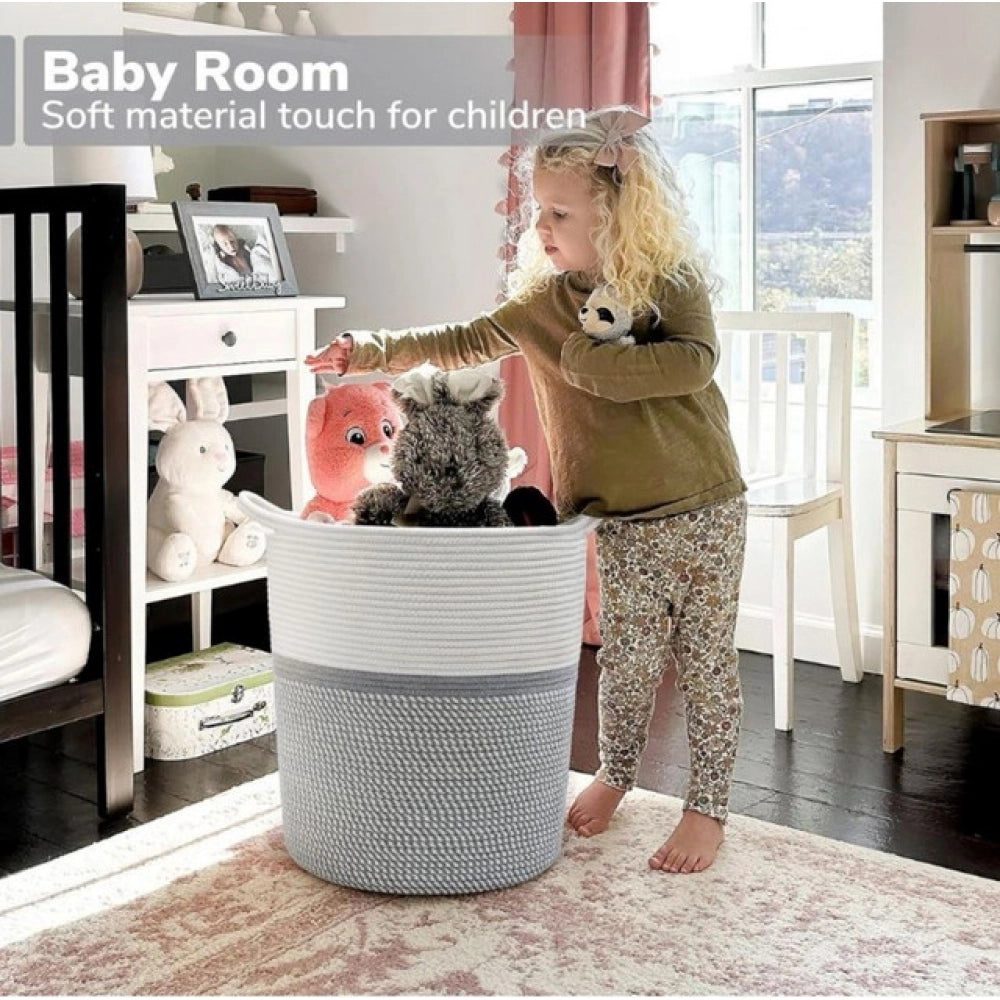 Cotton Pack of_1 12x14 Inch Storage Basket For Clothes (Grey-White)