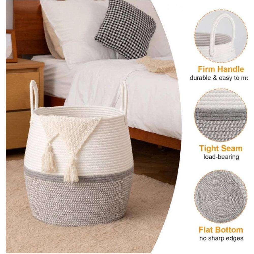 Cotton Matka With Handle 14X12 Inch Storage Basket For Clothes