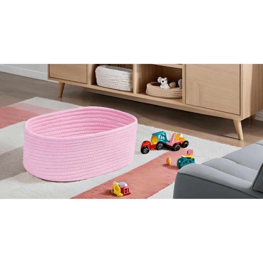 Cotton Oval 10X7X5 Inch Bedside Organizer With Out Lid (Pink)