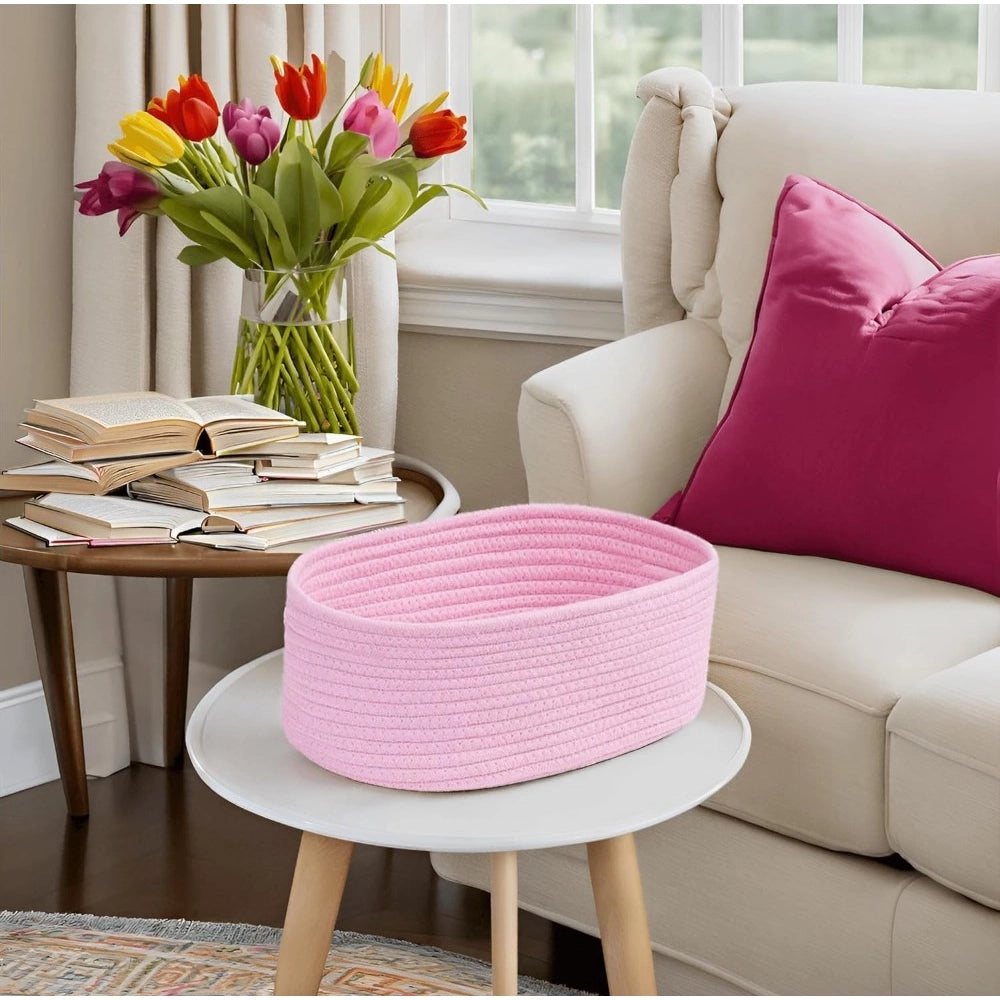 Cotton Oval 10X7X5 Inch Bedside Organizer With Out Lid (Pink)