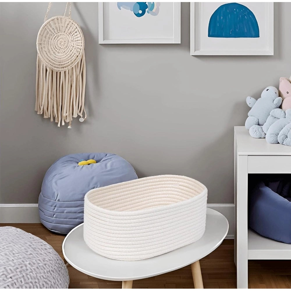 Cotton Oval 10X7X5 Inch Bedside Organizer With Out Lid (White)