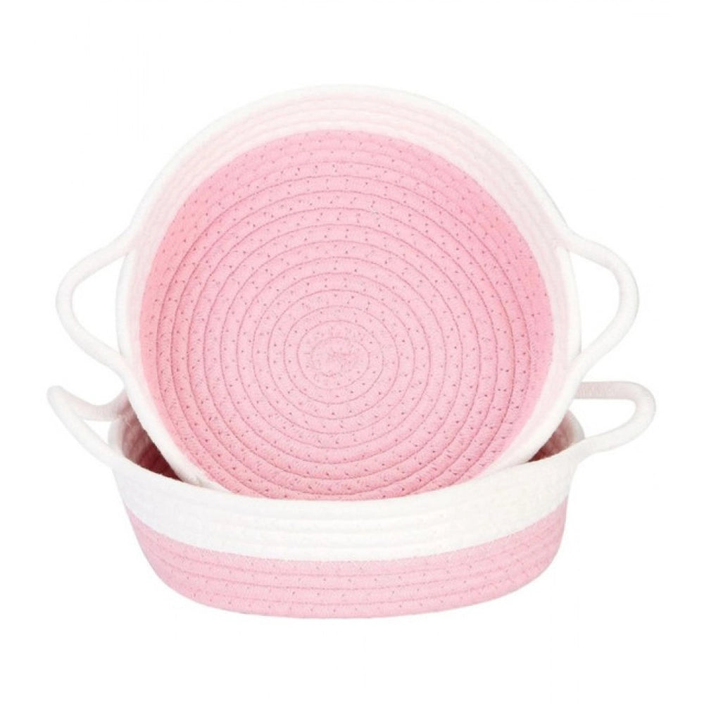 Cotton White Basket 2 Pcs Storage Basket For Clothes (Pink-Whi