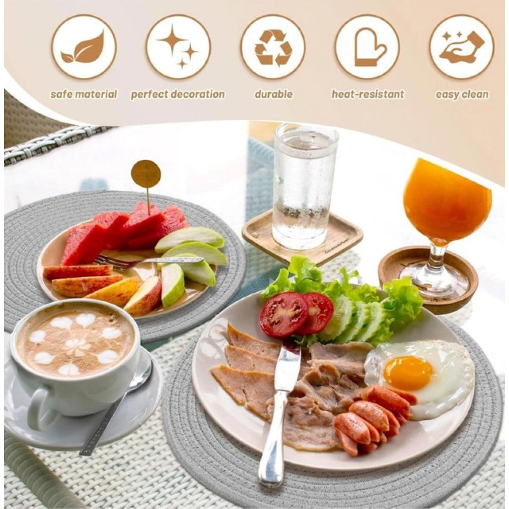 Cotton Dining Table Round Placemat Mats Set Of 4 (Grey)