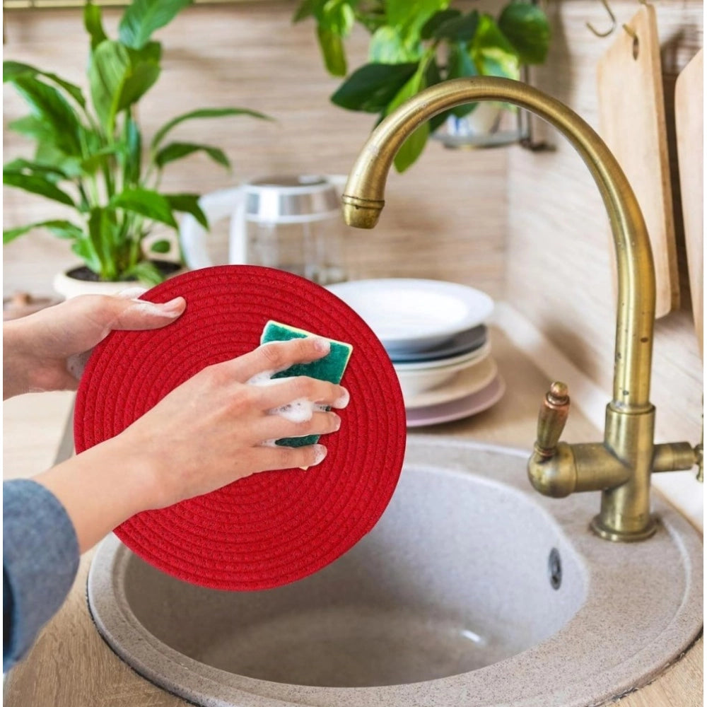 Cotton Dining Table Round Placemat Mats Set Of 4 (Red)