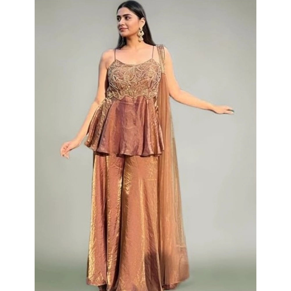 Women'S Silk Embroidered Sleeveless Round Kurti With Palazzo P