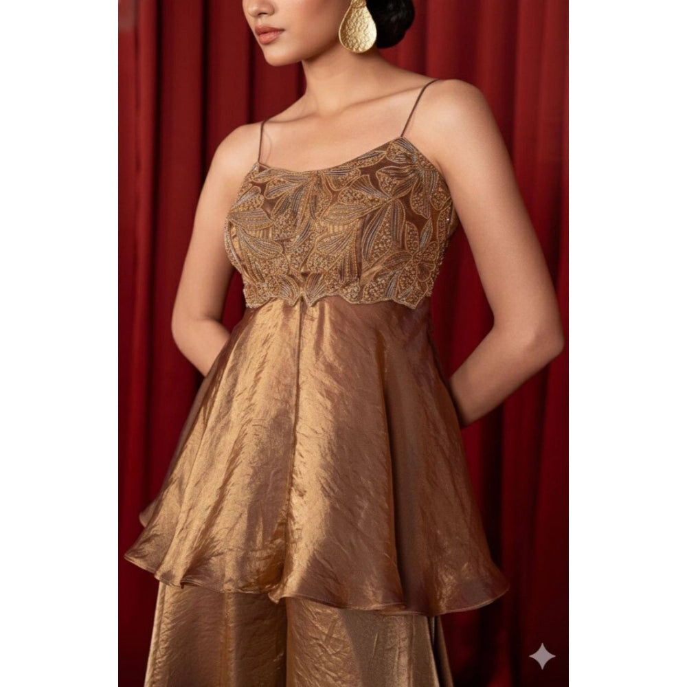 Women'S Silk Embroidered Sleeveless Round Kurti With Palazzo P