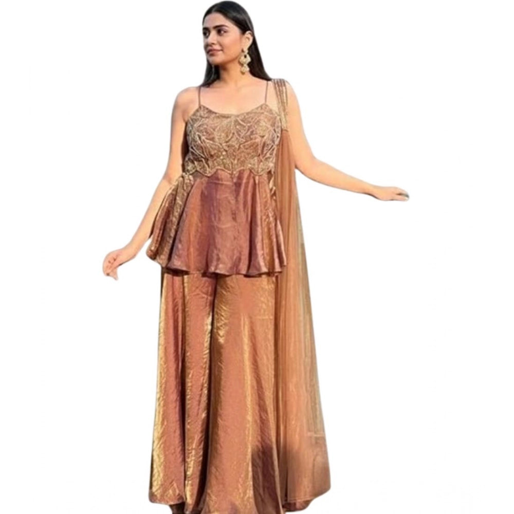 Women'S Silk Embroidered Sleeveless Round Kurti With Palazzo P