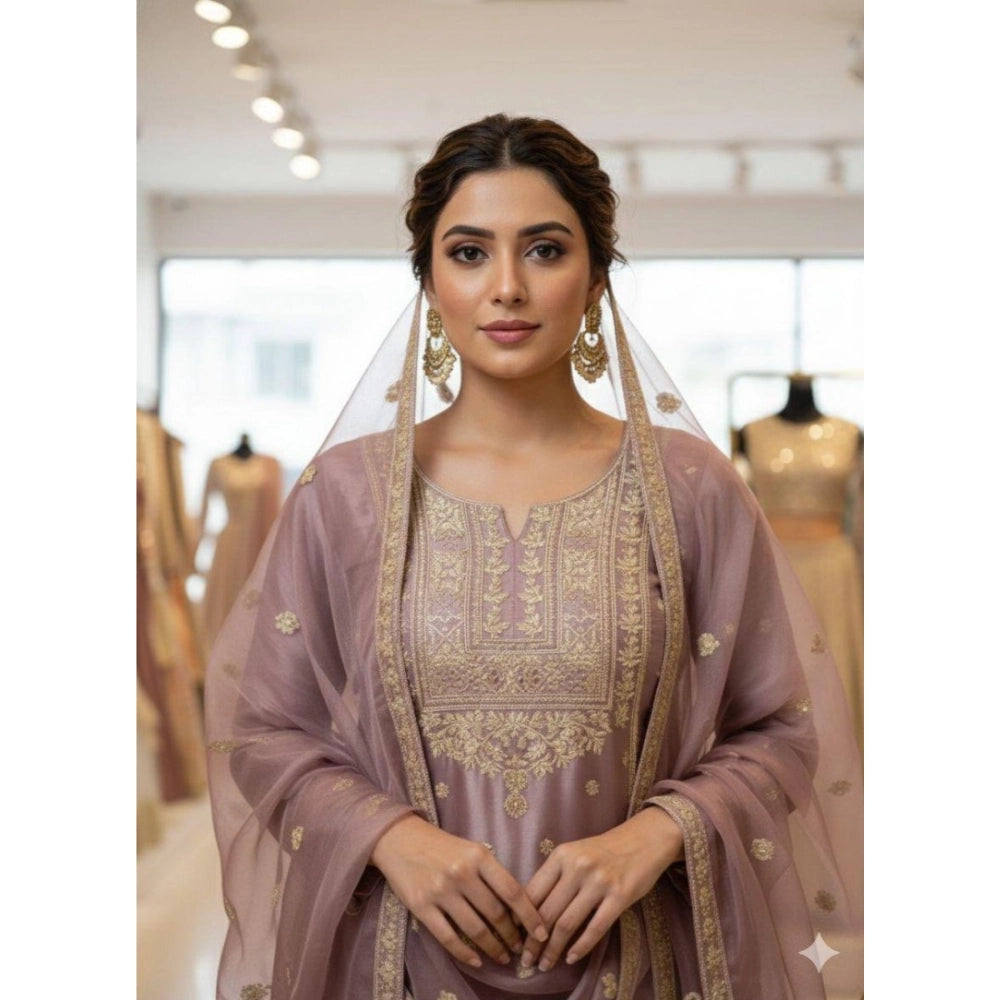 Women'S Silk Embroidered 3/4Th Sleeve Round Kurti With Sharara