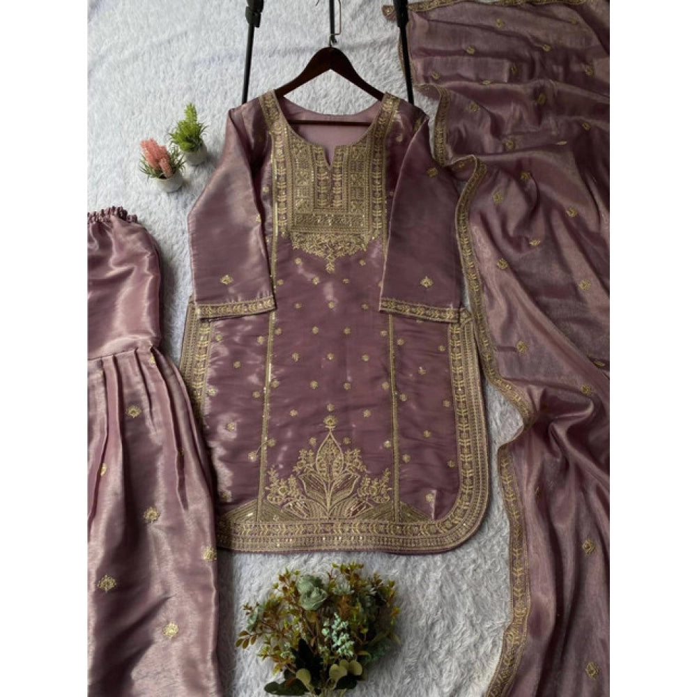Women'S Silk Embroidered 3/4Th Sleeve Round Kurti With Sharara