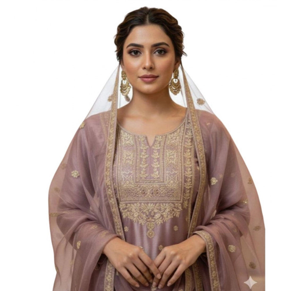 Women'S Silk Embroidered 3/4Th Sleeve Round Kurti With Sharara