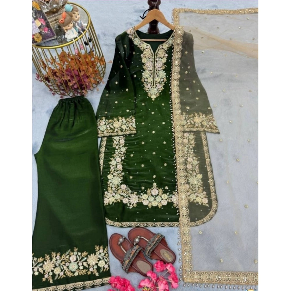 Women'S Silk Embroidered 3/4Th Sleeve Round Kurti With Palazzo