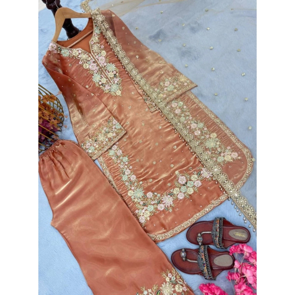 Women'S Silk Embroidered 3/4Th Sleeve Round Kurti With Palazzo