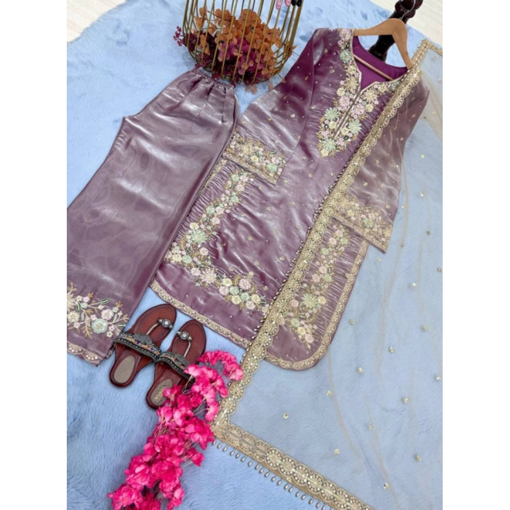 Women'S Silk Embroidered 3/4Th Sleeve Round Kurti With Palazzo