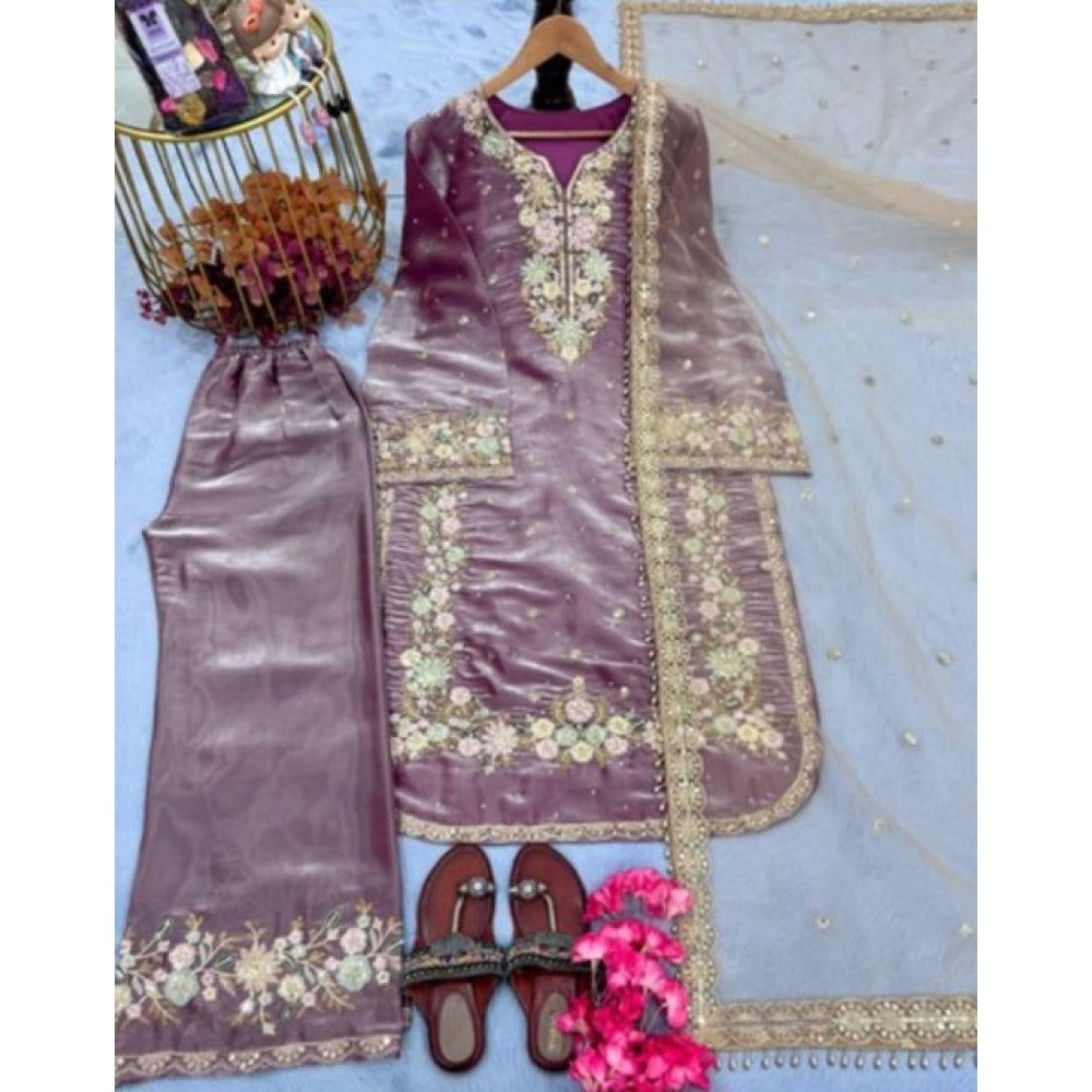 Women'S Silk Embroidered 3/4Th Sleeve Round Kurti With Palazzo