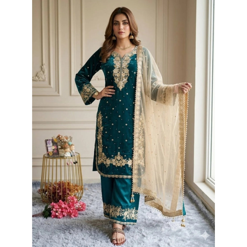 Women'S Silk Embroidered 3/4Th Sleeve Round Kurti With Palazzo