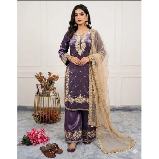 Women'S Silk Embroidered 3/4Th Sleeve Round Kurti With Palazzo