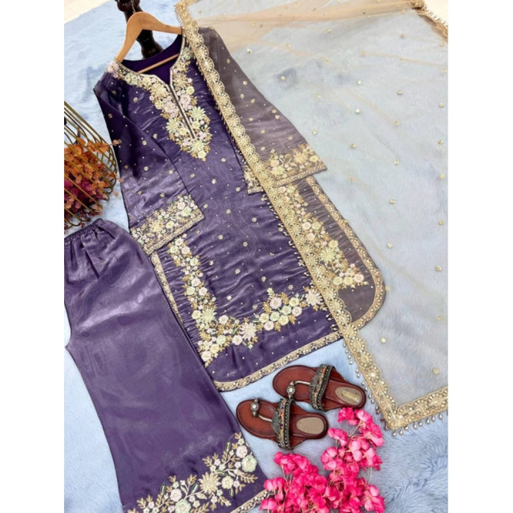 Women'S Silk Embroidered 3/4Th Sleeve Round Kurti With Palazzo