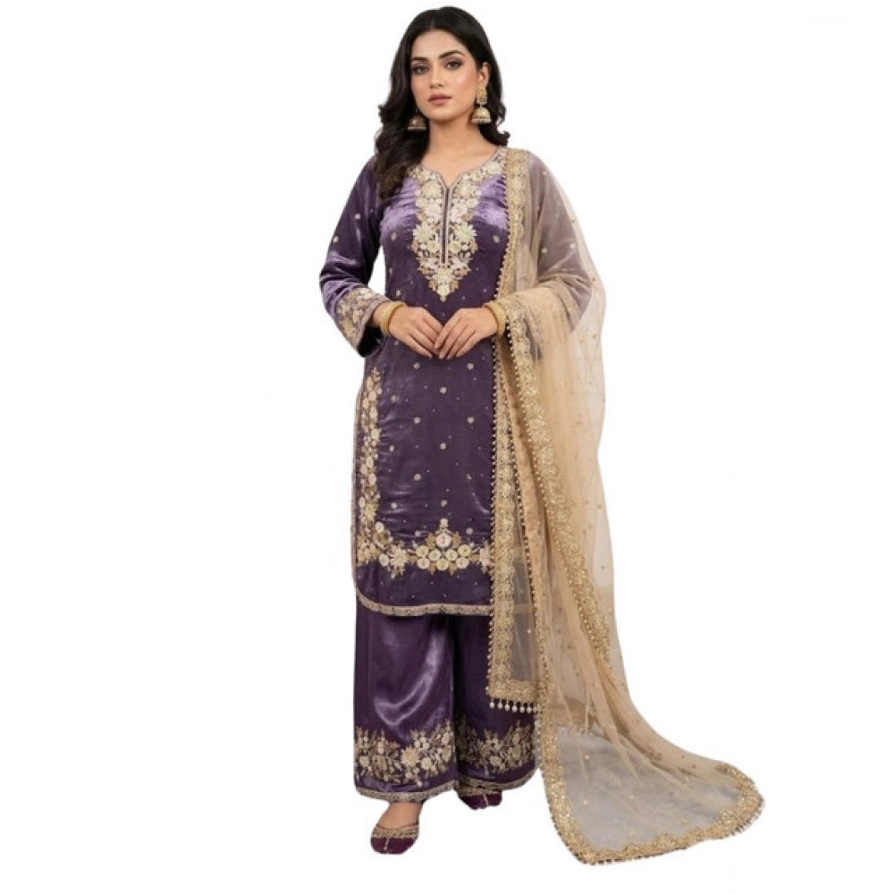 Women'S Silk Embroidered 3/4Th Sleeve Round Kurti With Palazzo