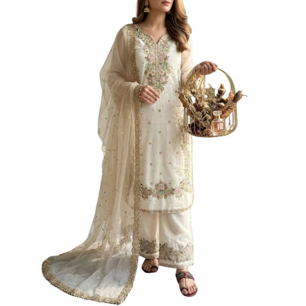 Women'S Silk Embroidered 3/4Th Sleeve Round Kurti With Palazzo